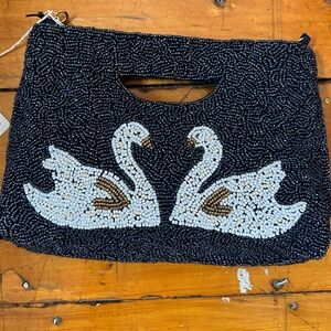Elegant Black Beaded Swan Clutch